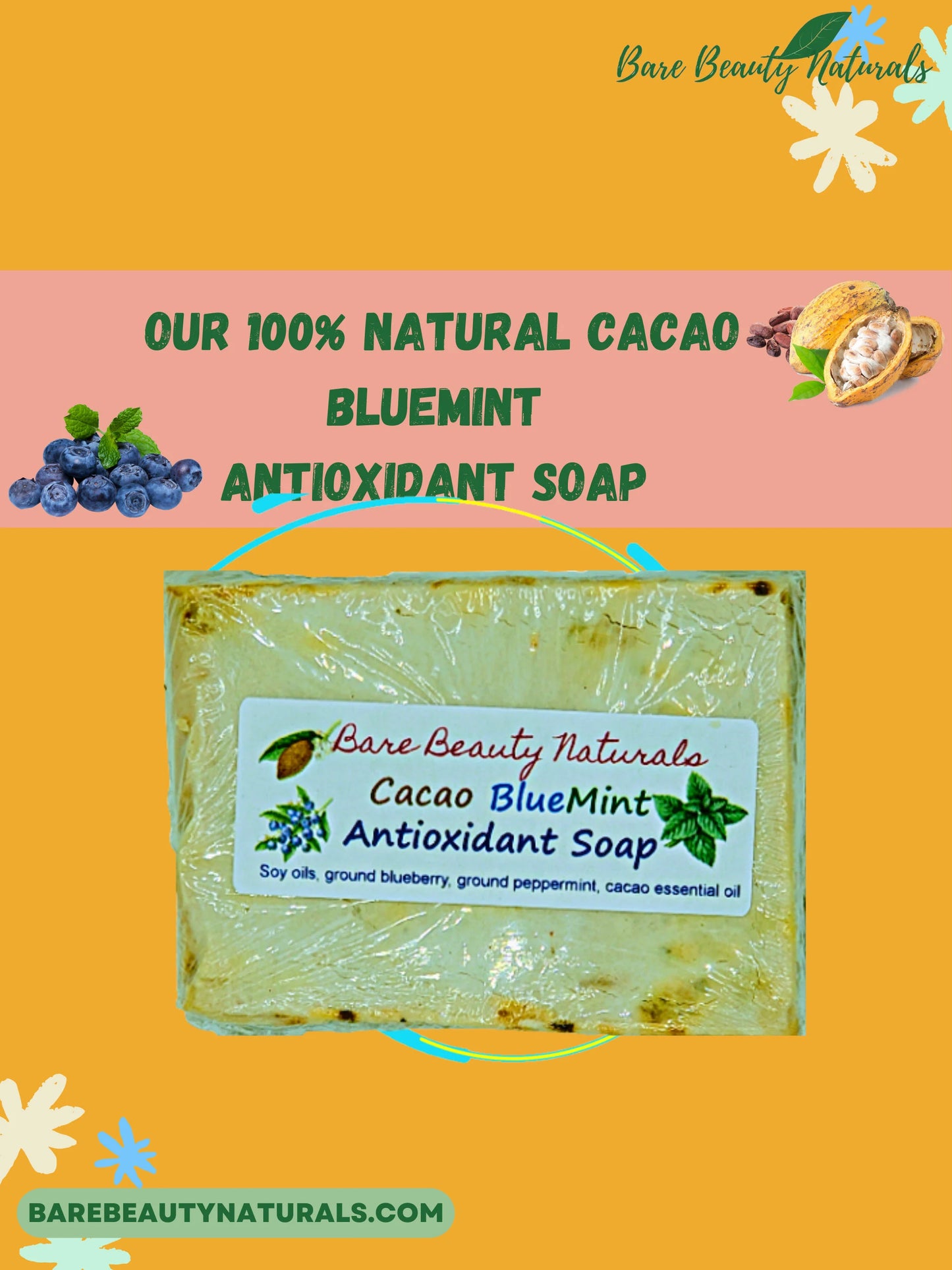 100% Natural Cacao BlueMint Antioxidant Soap // Free Exfoliating Soap Bag